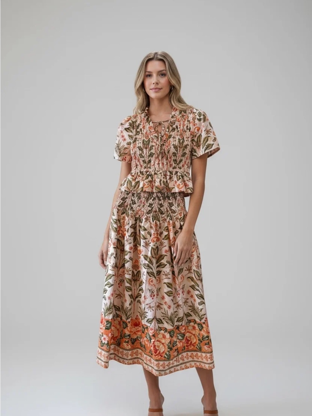 Floral Smocked Skirt and Top Set